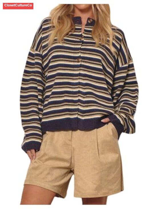 Sweaters - SOLY HUX Womens Striped Button Front Cardigan Sweater Oversized Knit Long Sleeve